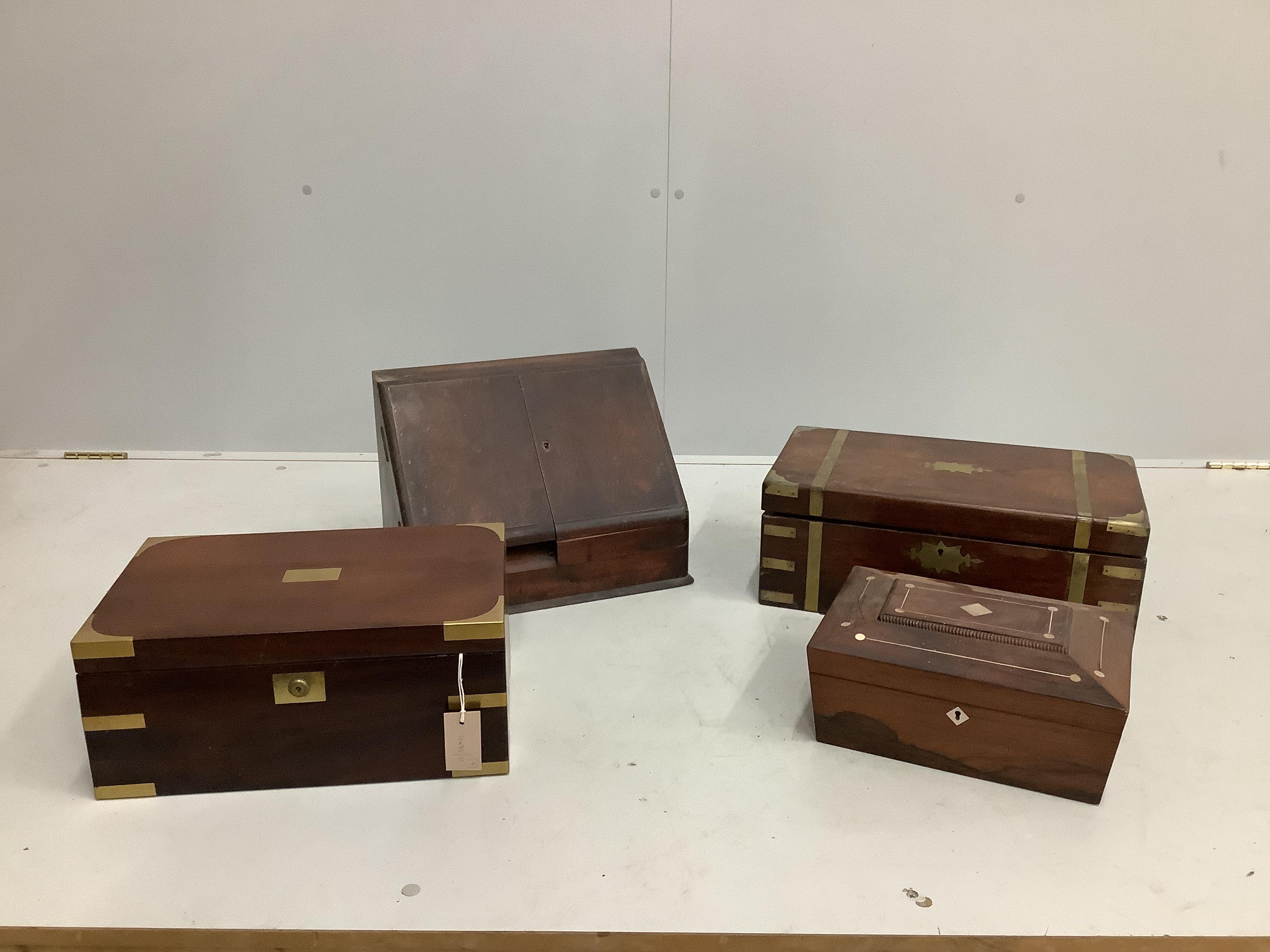 Two 19th century brass mounted writing slopes, a stationery cabinet and a work box